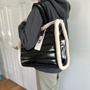 PAJAR Black w/ Cream Faux Shearling Trim Quilted Puffer Carryon Bag Tote Shoul…